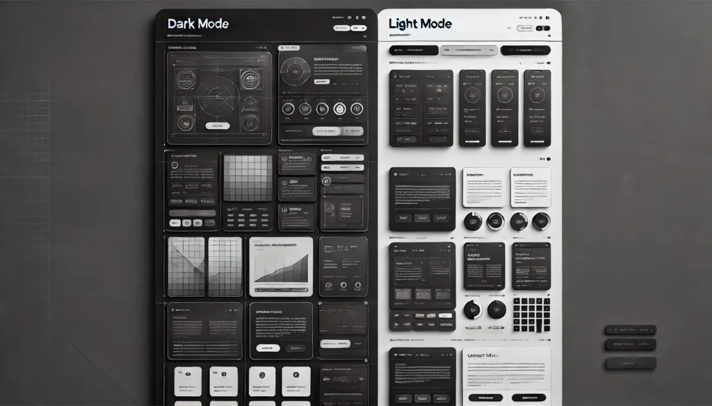 Modern UI/UX wireframe displaying a structured dashboard layout with clear hierarchy, contrast, and alignment. The image showcases both dark mode and light mode variations side by side. The dark mode features deep blacks and subtle grays for a high-contrast look, while the light mode uses soft whites and light grays for a minimalistic feel. The layout includes a left-side navigation bar, a top bar for user interactions, and a main content area with cards and sections, all with smooth, rounded corners and well-spaced modern typography.