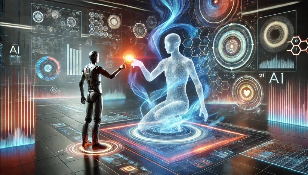 A futuristic scene featuring a user wearing a in contact with a hight tech human shaped hologram.