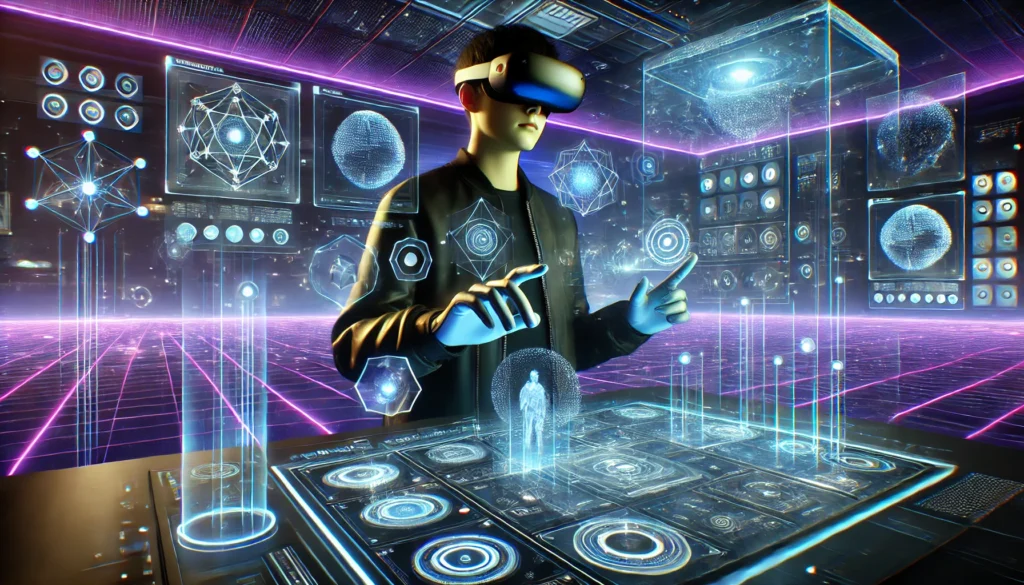 A futuristic scene featuring a user wearing a high-tech VR headset and gloves, interacting with floating 3D elements in a neon-lit virtual space. The environment is sleek and cyber-futuristic, emphasizing immersive augmented and virtual reality experiences.