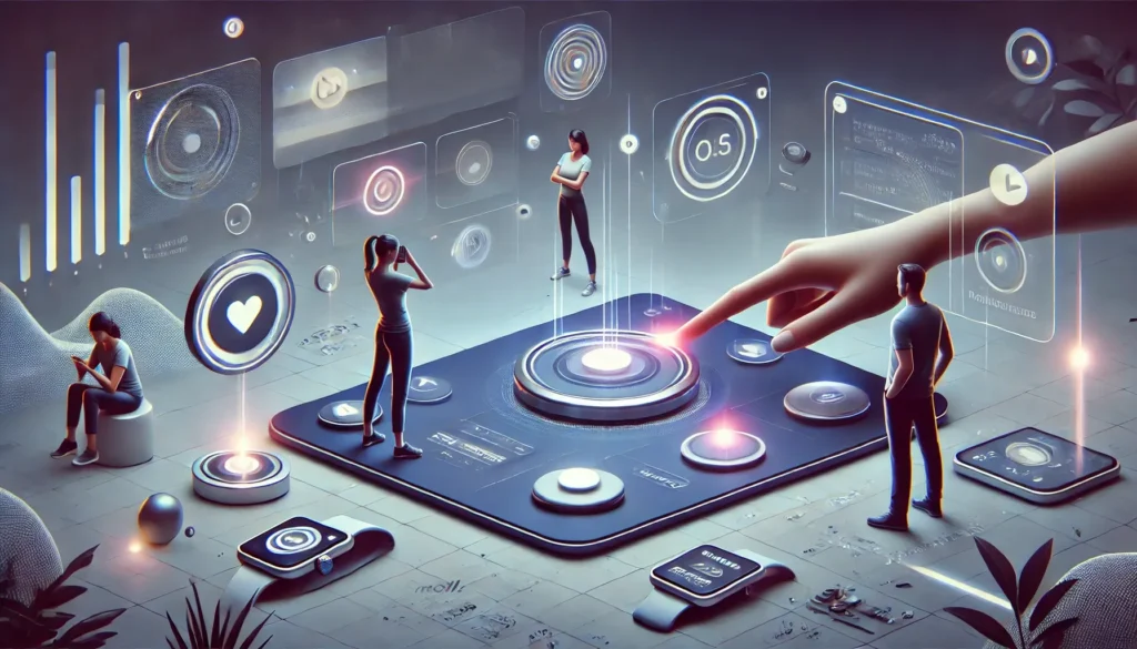 A futuristic digital interaction scene showcasing users experiencing subtle yet impactful design details. One person hovers over an animated button, another receives haptic feedback from a smartwatch, and a third smoothly transitions between app screens, illustrating the power of micro-interactions.