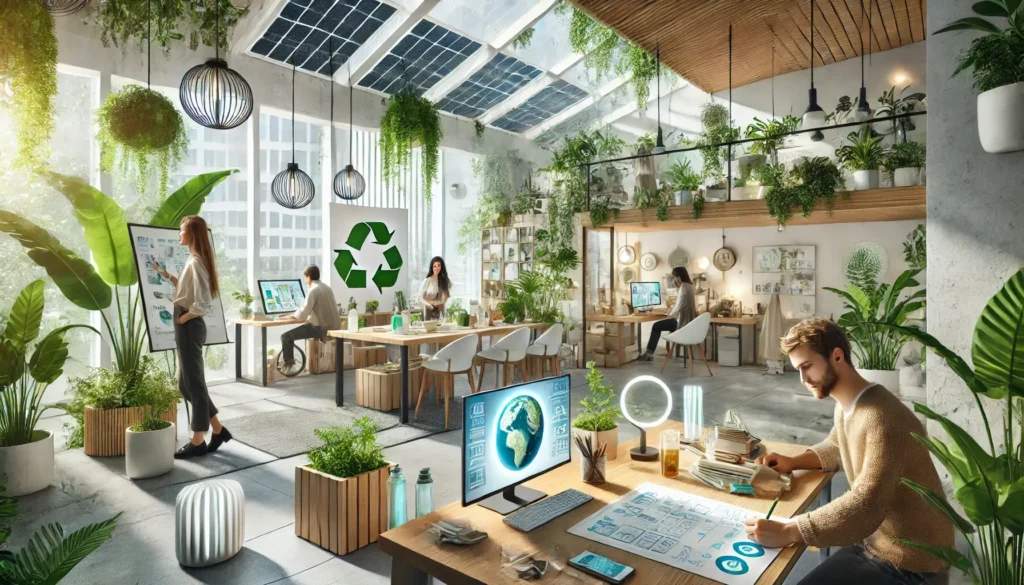 An eco-friendly modern design workspace where designers work with sustainable materials and green technology. The scene features indoor plants, solar-powered devices, and environmentally conscious product sketches in a bright, naturally lit setting.