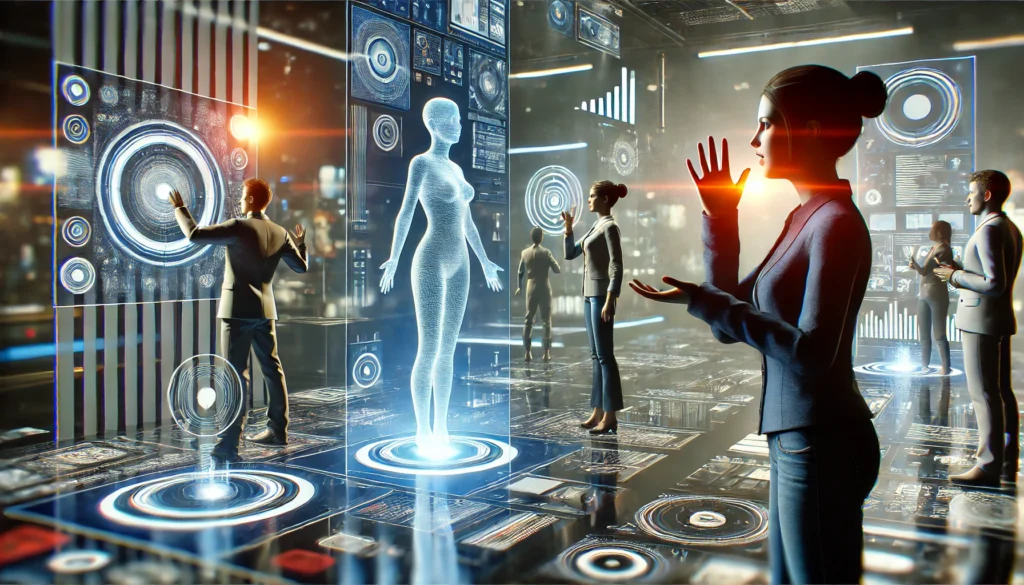 A high-tech futuristic setting where users interact with digital environments solely through voice and hand gestures. A person speaks to a smart assistant, while another controls a device using expressive hand movements, emphasizing seamless, touchless digital interaction.