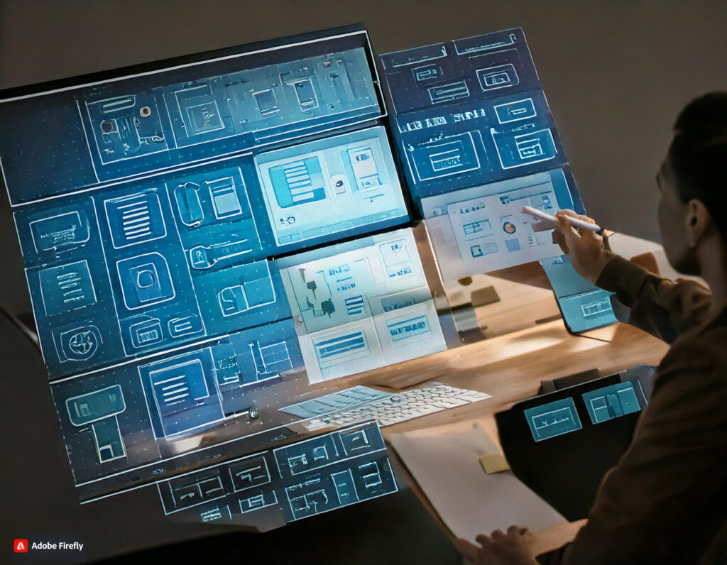 User interface design projection at the office. UX designer working.