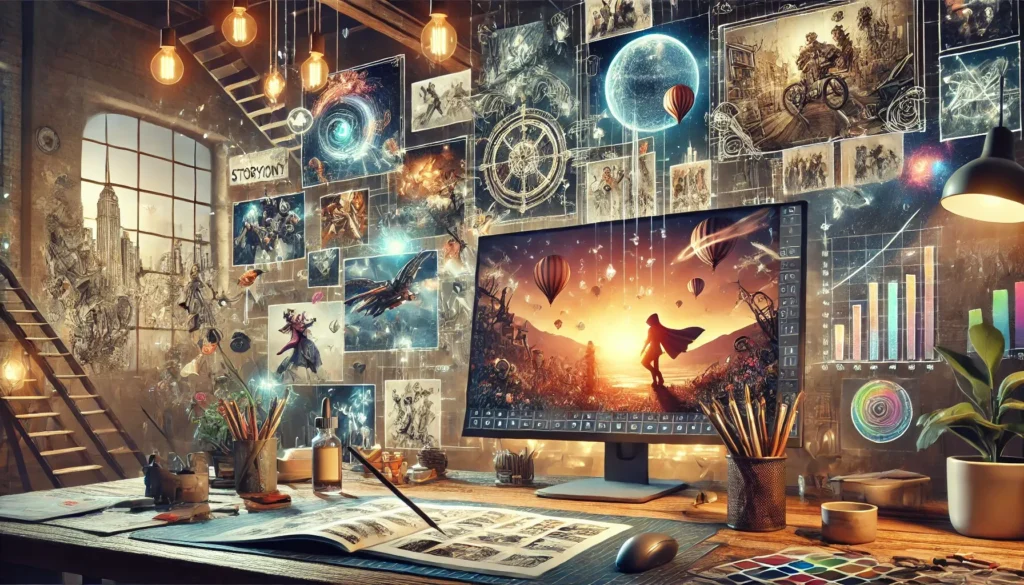 A creative workspace with a designer working on a digital storyboard, surrounded by floating story elements like fantasy landscapes, futuristic cityscapes, and character sketches. The scene blends digital and traditional storytelling with warm lighting and colorful inspiration boards.