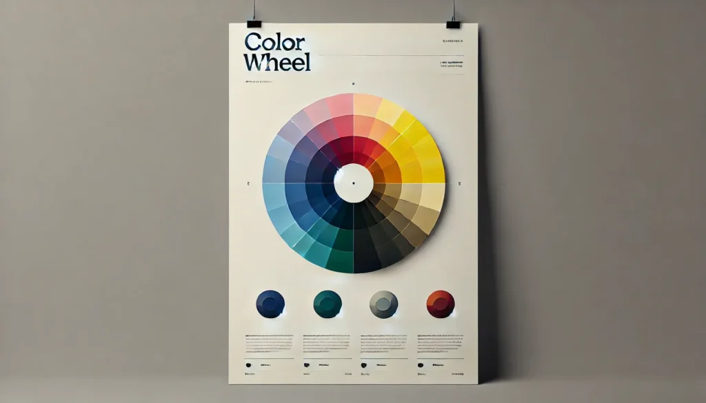 A minimalist poster featuring a modern color wheel with a circular arrangement of colors in a smooth gradient, labeled with subtle typography on a neutral background.