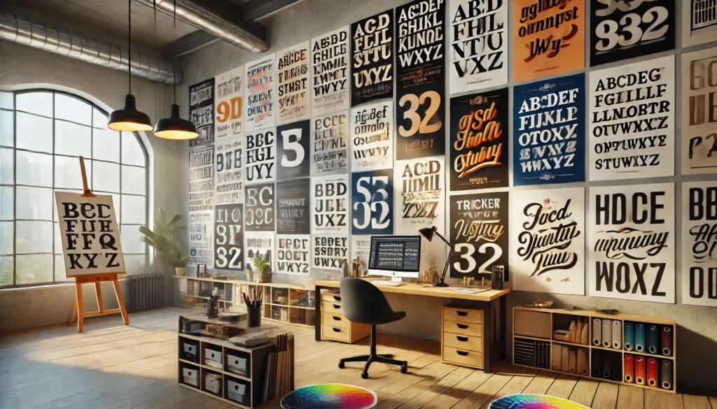 A creative space filled with typographic posters displaying various font styles, weights, and design principles. The room has a modern, artistic vibe with bold and elegant typefaces on the walls, complemented by a sleek desk with design tools.