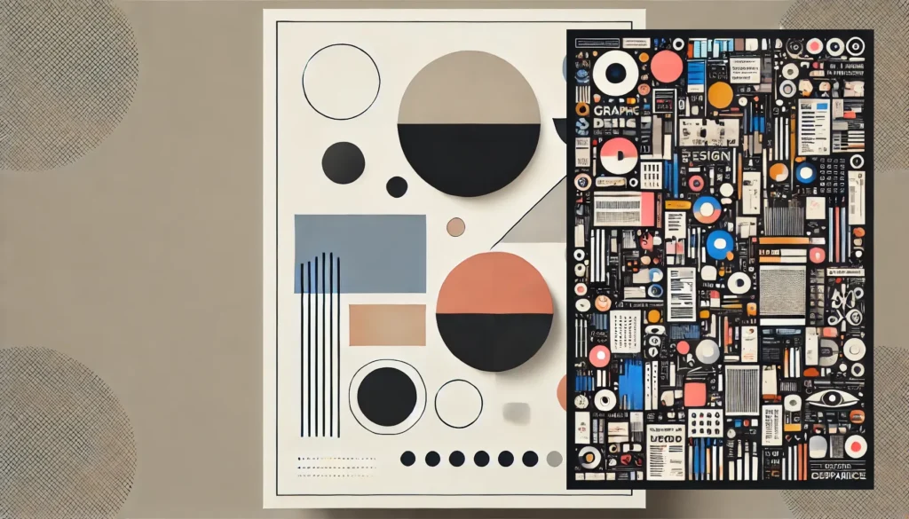 Two graphic design abstract posters showing a minimalist geometric design compared to a cluttered design