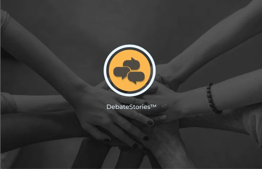 Collective Stories App logo over a background image of many hands together. 