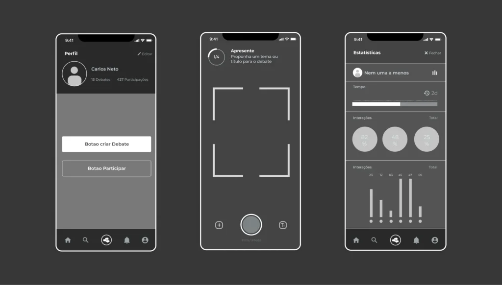 Sequence of low fidelity vector sketches of some core features of the Collective Stories app.