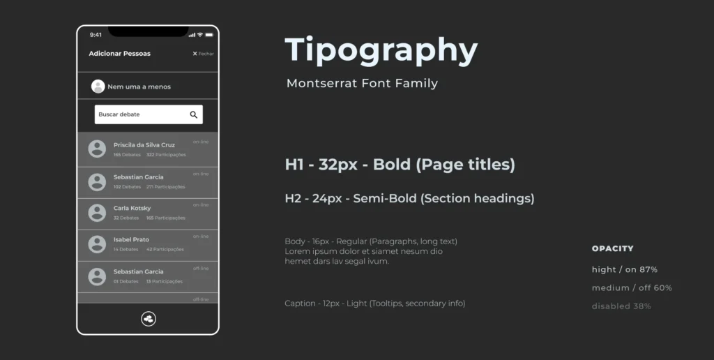 Typography used in the Collective Stories App showcasing a mockup and the information about the selected fonts: Montserrat Font Family H1 - 32px - Bold (Page titles) H2 - 24px - Semi-Bold (Section headings) Body - 16px - Regular (Paragraphs, long text) Caption - 12px - Light (Tooltips, secondary info)